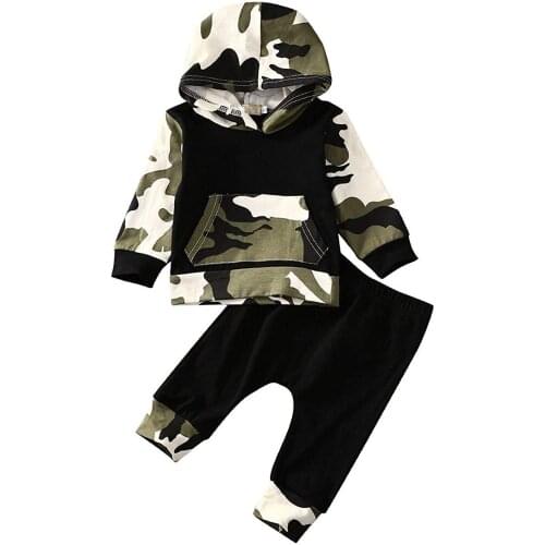 Newborn Infant Toddler Baby Kids Boys Clothes Cotton Camo Hooded Casual Print Popular Tops Pants 2Pcs Outfits Set Clothes
