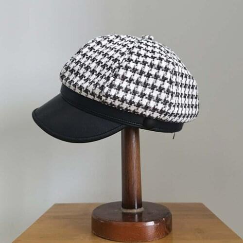 Autumn Winter Octagonal Hats For Women Retro Berets Plaid Casual Hat Female Patchwork Leather Brim Fashion Painter Cap