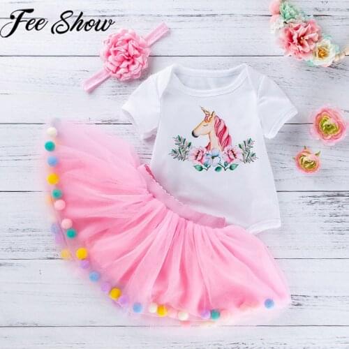 Infant Baby Girls First 1st Birthday Princess Outfit Print Romper Tops With Rainbow Tutu Skirt Set for Party Holiday 0-12Months
