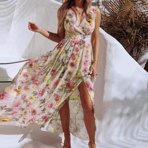 Summer Maxi Dresses For Women fashion Flroal Print Split Beach Holiday Chiffon Long Dress Elegant Ladies Clothes Robe Femme