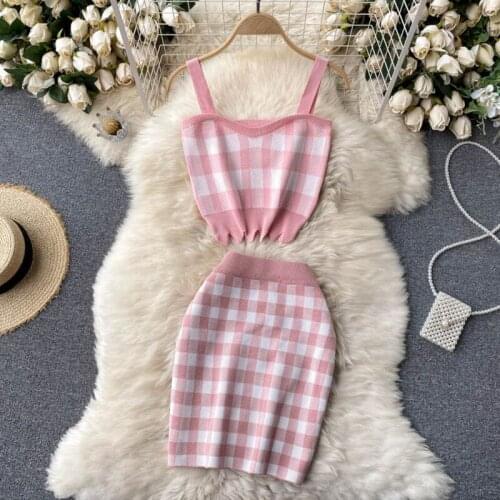 Sweet Plaid Knit 2 Piece Set Women Sexy Crop Top + Sheath Mini Skirts Sets Girls Short Vest & Skirt Suits Tracksuits Sweat Suits