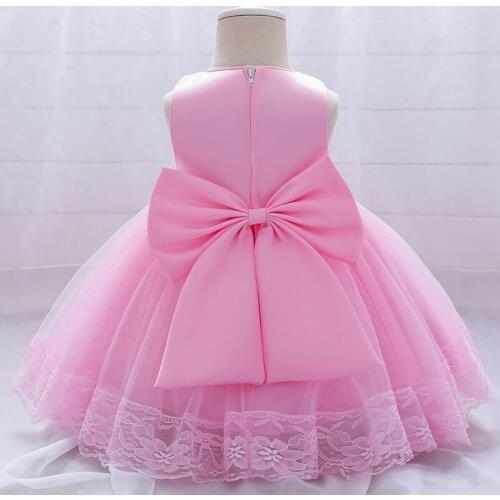 Newborn Infant Pink Dress 1st Birthday Dress For Baby Girl Clothes Back Big Bow Princess Baptism Dresses Party Dress Flower