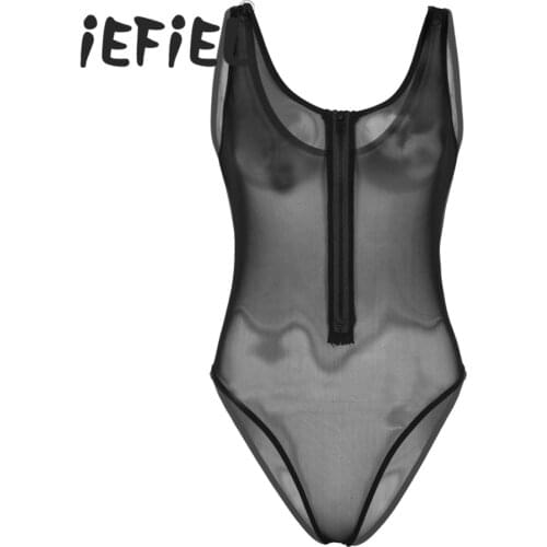 Sexy Women One-piece Bodysuit See Through Sheer Mesh Deep U-neck Sleeveless Front Zippered High Cut Teddy Babydoll Bodysuit