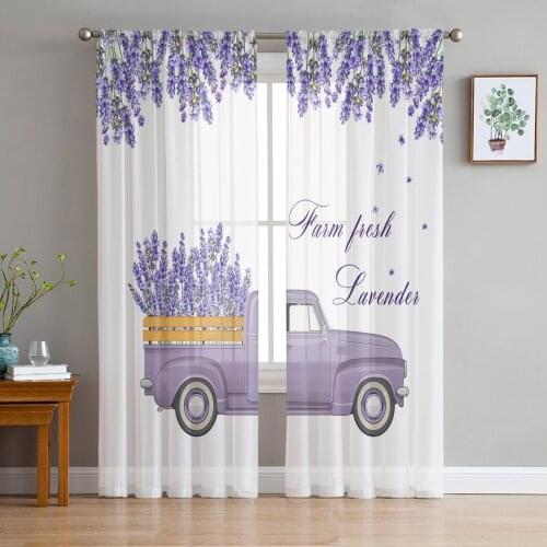 Rural Style Farm Lavender Truck Sheer Curtains for Living Room Bedroom Kitchen Tulle for Windows Voile Drapes Home Decoration