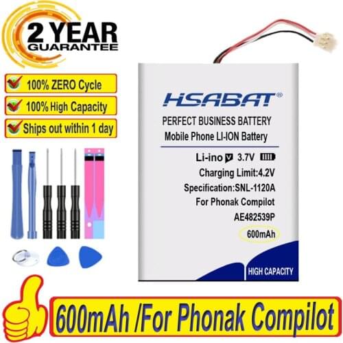 Top Brand 100% New 600mAh AE482539P Battery for Phonak Compilot Accumulator 3-wire Batteries + free tools