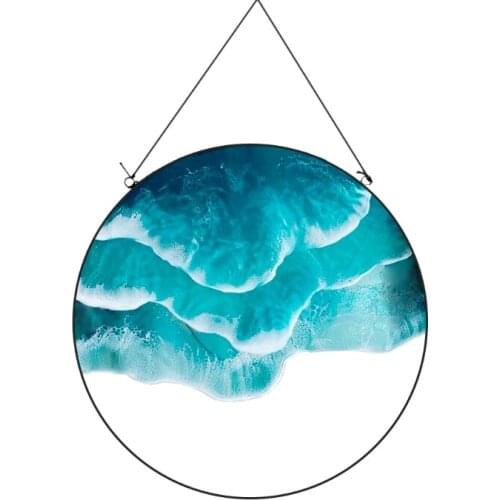 Ocean Wave Wall Decoration Round Framed Blue Handmade Crafts Accessories for Bathroom Living Room Bedroom Office