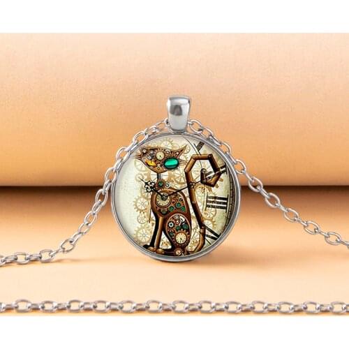 Vintage Steampunk Cat Necklace Handmade Mechanical Animal Glass Dome Cabochon Pendant Necklaces For Men Women Punk Jewelry