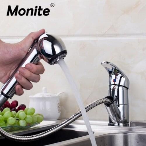 Monite Pull Out Stream Spout Chrome Brass Finish Contemporary Deck Mounted Tap Kitchen Sink Faucet Hot & Cold Mixer Polish Taps