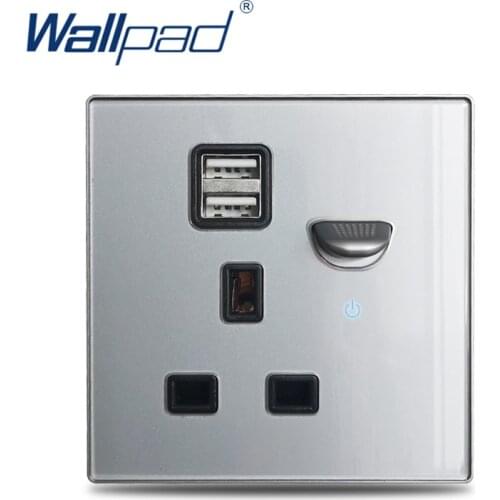 Wallpad L6 Grey Glass Switched 13A Wall Socket with 2.1A Double USB Charging Ports LED Indicator