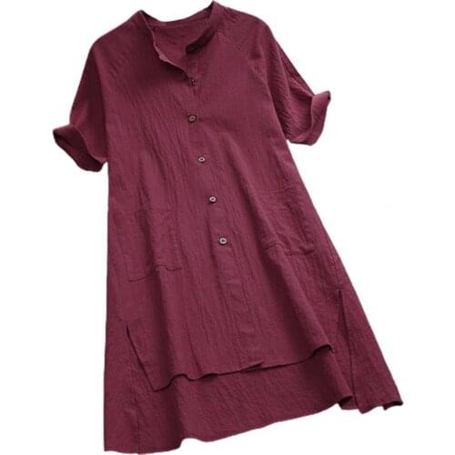 Summer Blouse Women Chic Short Sleeve Casual Shirt Asymmetric Hem All-matched Stand Collar Side Split Women Blouse Streetwear