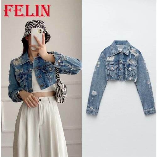 Za 2021 Jeans Feminina Jacket Fashion Autumn Long-Sleeve Women’s Denim Jacket Y2K Plus Size Streetwear Holes In Jacket Cool