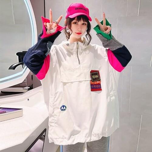 2021 Spring Autumn Womens Windbreaker Top Quality Hoodie Short Coat Korean Color Block Half Zipper Hooded Casual Ladies Tops