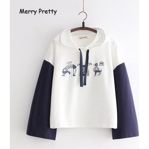 Merry Pretty Women Cartoon Embroidery Hooded Sweatshirts 2020 Winter Long Sleeve Drawstring Patchwork Hoodies Femme Pullovers