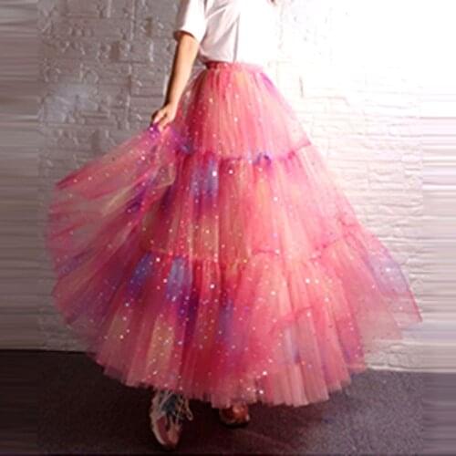 2021 Spring Summer Fashion Sweet Female Plus Size Gradient Sequin Stitching Starry Sky Mesh Pleated Tutu Women Skirts Womens