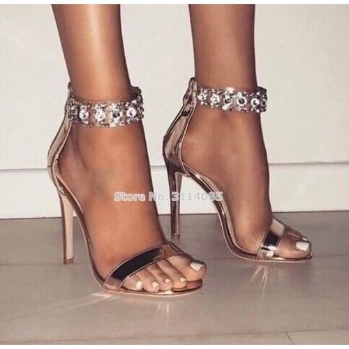 Women Bling Bling Crystal Beaded Ankel Strap Gladiator Sandals Single Strap Clear PVC Thin High Heel Dress Shoes Wedding Pumps