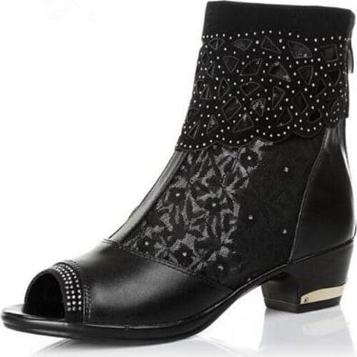 ZXRYXGS Brand Rhinestones Lace Women Summer Boots Women Sandals 2020 Plus Size Real Leather Shoes Fashion Sandals Summer Sandals