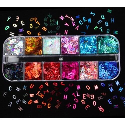 12Set Letter Sequins Nail Art Glitter Mirror Laser Holographic Glitter 3D Slices Paillette Nail Supplies for Professionals