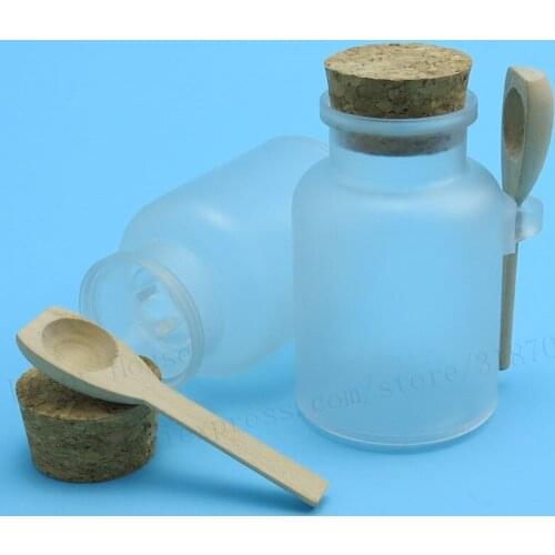 30 x 100ml Portable Bath salt bottle with cork jar with wooden spoon 100g Powder plastic bottle