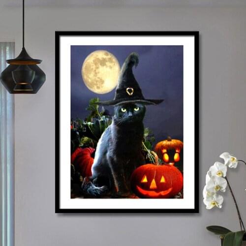 5D DIY Diamond Painting Embroidery Halloween Cat Pumpkin Decoration Mosaic Rhinestone Round Dill Cartoon Hanging Home Decor Gift