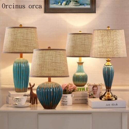 American retro ceramic table lamp bedroom bedside lamp European modern and simple color painted ceramic desk lamp free shipping