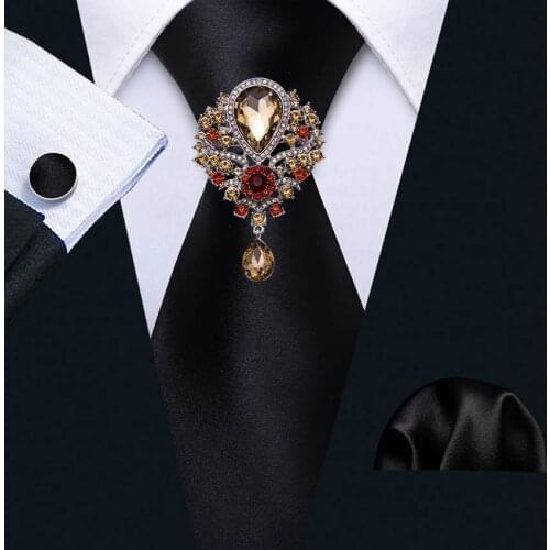 Black Fashion Paisley Silk Tie Rhinestone Brooches Men Wedding Tie Hanky Set Barry.Wang Design Solid Neckties For Men Gift Party