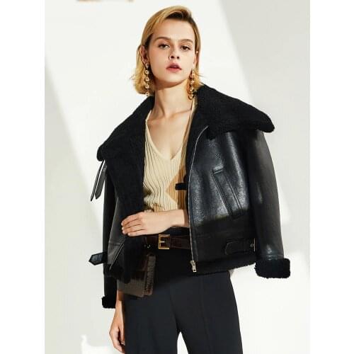 Denny&Dora Womens Winter Warm Short Slim Shearling Jacket Womens Leather Jacket
