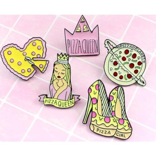 Cartoon high heels Enamel Brooch pizza queen heart crown Brooch dress Lapel Pin Badge food jewelry gift