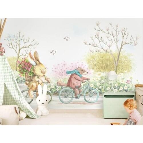 Beibehang Customized wallpaper personality cyclist bunny garden cute cartoon childrens room background wall papel de parede
