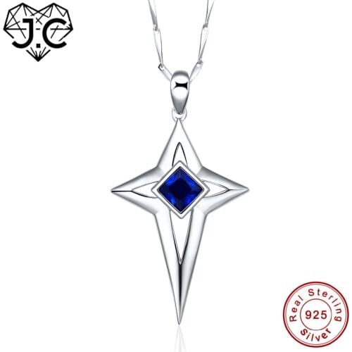 J.C Female Cross DesignBlack & Sapphire Blue Topaz Solid 925 Sterling Silver Necklace Fine Jewelry for Women Anniversary Pendant