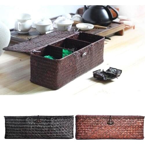 Seagrass Storage Basket with Lid for Home Bathroom Organization brown black