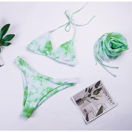 Bathing Bikini Neon Tie Dye 3 Piece Set Womens swimsuit Swimwear Shiny Pink Woman clothes Underwear Beachwear Bra And Panty Set