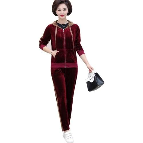 Fashion Middle aged Lady Sets Spring Gold Velvet Tracksuits Two piece set Mother Casual Wear Plus Size Solid Suits Hooded Tops