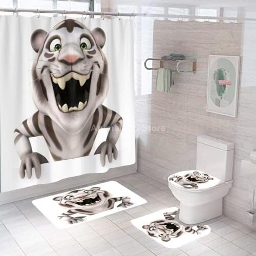 Fashion Cartoon Tiger Cute Shower Curtains Bathroom Curtain Bath Set Toilet Cover Mat Non-Slip Washroom Rug Set Modern 180x180cm