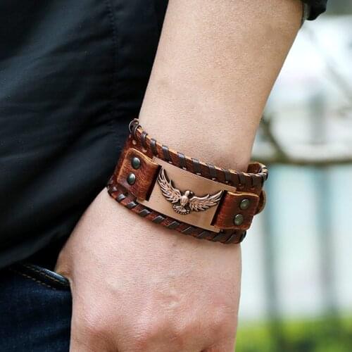 Trendy Brown Flying Eagle Wide Leather Bracelet Men Punk Braided Rope Alloy Cuff Bangle Male Wristband Bracelet Mens Jewelry