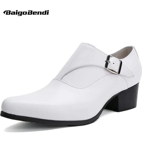 Men White High Heel Shoes Genuine Leather Thick Heel Height Increasing Party Shoes Man Formal Dress Wedding Shoes Heighten