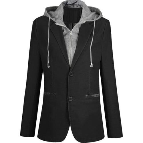 Plus Size M-6XL Casual Blazer Men Fake Two Pieces Detachable Hood Blazer Full Sleeve Single Breasted Two Buttons Suit FS-150