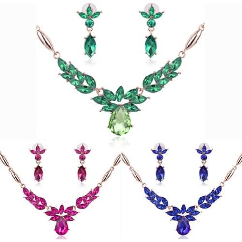 Womens Rhinestone Flower Pendant Alloy Necklace Earrings Wedding Jewelry Set
