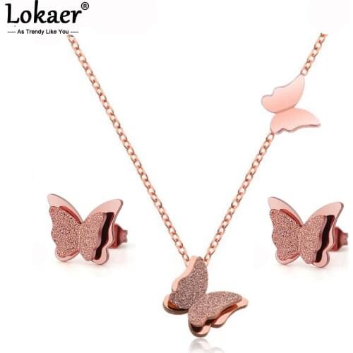 Lokaer Titanium Steel Cute Double Flying Butterfly Earrings & Pendant Necklace Sets Fashion Animal Jewlery Set For Women SE044