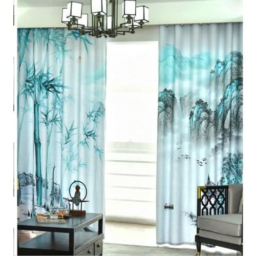 New curtains simple modern Chinese style landscape bamboo living room bedroom shading curtains personality curtains