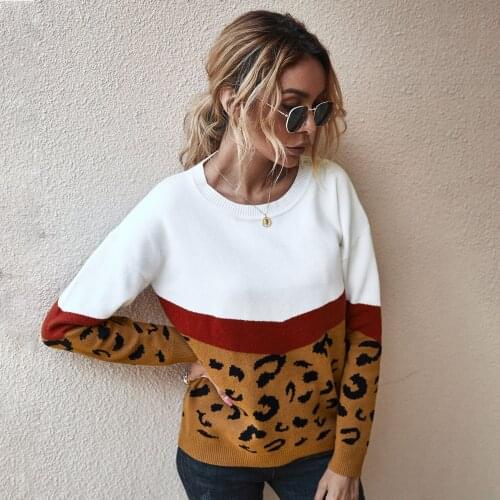 New Original Design Women Sweater Fashion Leopard Patchwork Fall Winter Knitted Sweater Women O-neck Full Sleeve Jumper Pullover