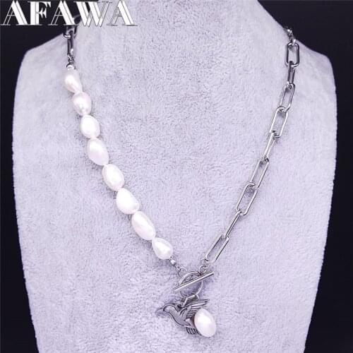 2021 Animal Hummingbird Natural Freshwater Pearl Stainless Steel Pendant Necklace for Women Jewelry bijoux femme NK60S01