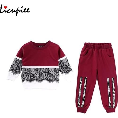 Girls Long-sleeved Trousers Suit Sweet Lace Stitching Pullover T-shirt and Letter Elastic Long Pants 3-8 Years