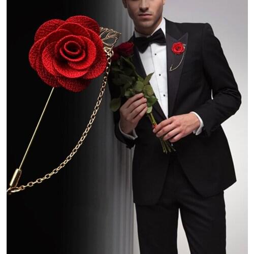 Korean Bridegroom Wedding Brooches Cloth Art Hand-made Rose Flower Brooch Lapel Pin Badge Tassel Chain Mens Suit Accessories