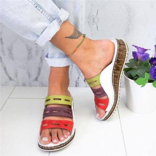Wedge Women Slippers Summer Retro Mixed Color Thick Bottom Female Shoes Comfortable Open Toe Breathable Beach Ladies Sandals