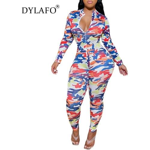 Elastic Grid Print Sexy Sporting Jumpsuit For Women Three Color Camouflage Skinny Rompers Female Party Club Outfit Overalls Slim