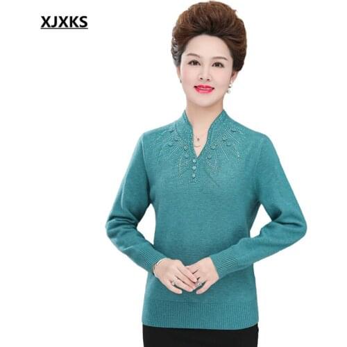 XJXKS 2021 autumn winter new women wool knitted sweater high quality diamond comfortable V-neck sweater women pullover