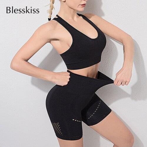BLESSKISS 2 Two Piece Sport Women Shorts Sets Seamless High Waist Yoga Shorts Sports Bra Fitness Workout Gym Wear Sportswear