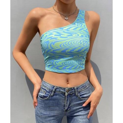 2021 New One Shoulder Whirlpool Crop Tops Panelled Backless Bandage Tank Top Women Sexy Streetwear Fashion Print Irregular Tops