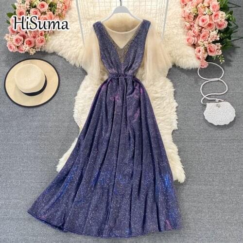 2021 summer new women o-neck beading bling bright silk with mesh A-line dress female Chic elegant waist shiny party dresses