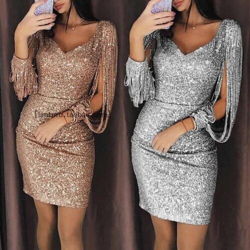 Beach Dress Real Vestido De Festa Ukraine Summer Womens Dress 2019 Retro Sexy V-neck Shiny Fringe Long Sleeve Slim Bag Hip